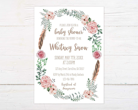 Floral Bohemian Wreath with pink flowers, feathers and simple greenery.