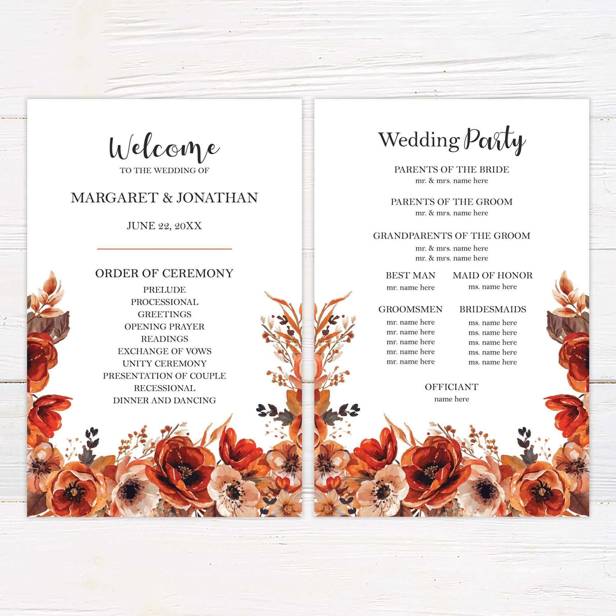 A program with a background featuring stunning watercolor floral arrangement in warm autumn tones of red, orange, and brown. The text is elegantly arranged in a mix of script and serif fonts, creating a sophisticated yet modern feel. Event details, including the date, time, and venue, are clearly displayed in a balanced layout. This design exudes warmth and romance, perfect for a fall, rustic, or boho-themed wedding celebration.