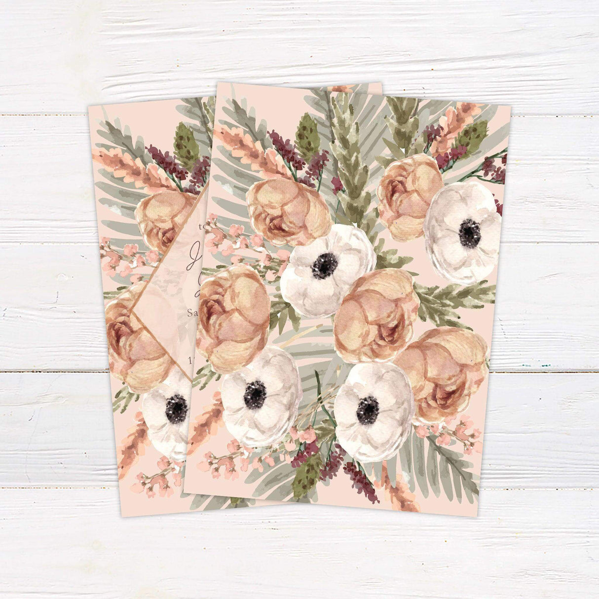 Boho floral wedding invitation with watercolor roses, peonies, and dried florals in blush, cream, and taupe, framed in a modern diamond layout. back