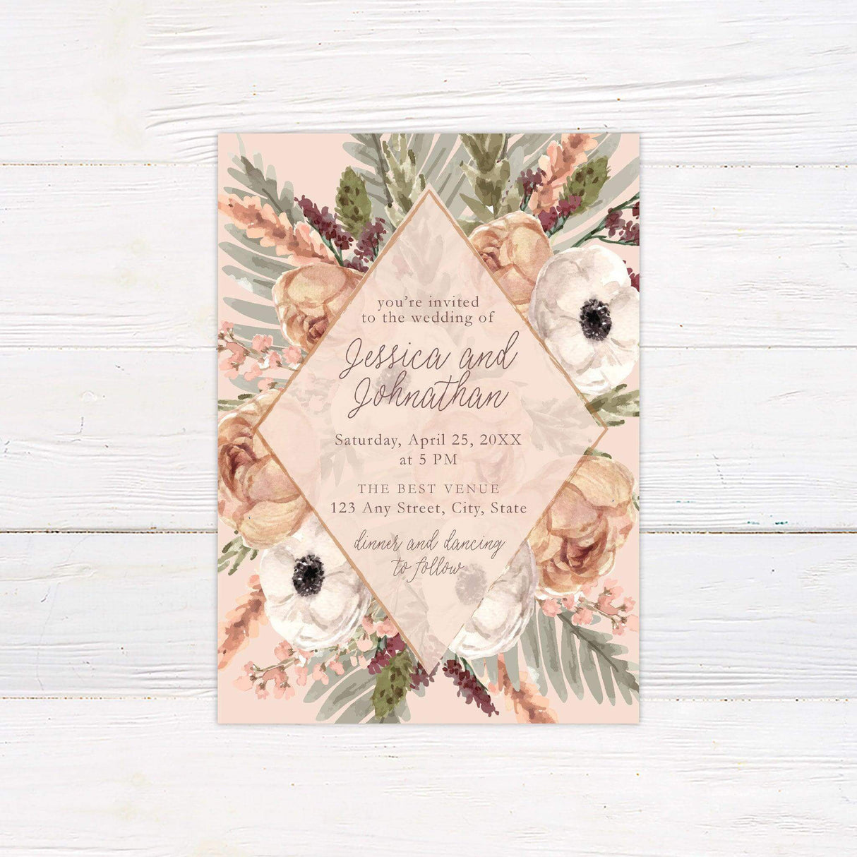 Boho floral wedding invitation with watercolor roses, peonies, and dried florals in blush, cream, and taupe, framed in a modern diamond layout.