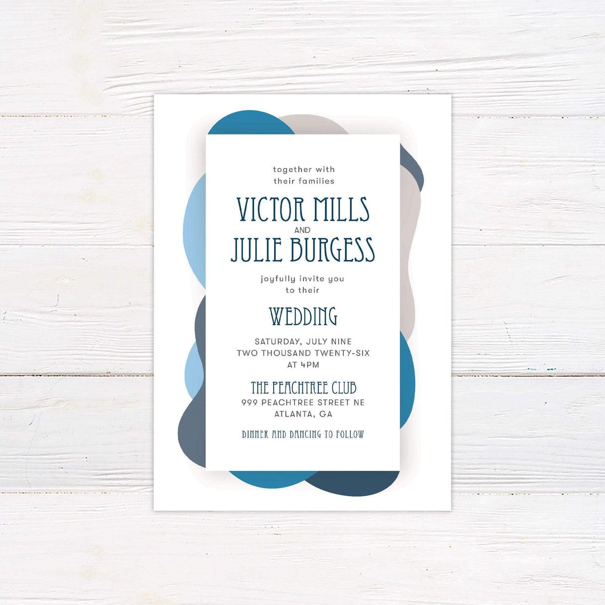 Modern abstract wedding invitation with layered navy and blue organic shapes, retro typography, and minimalist white layout.