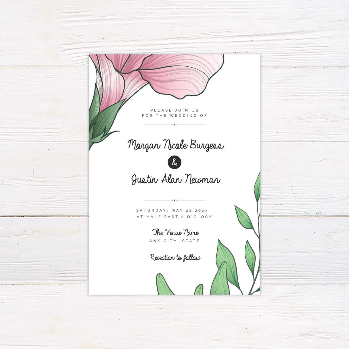 Elegant pink floral watercolor wedding invitation with green leaves, featuring customizable details for a spring or summer wedding celebration