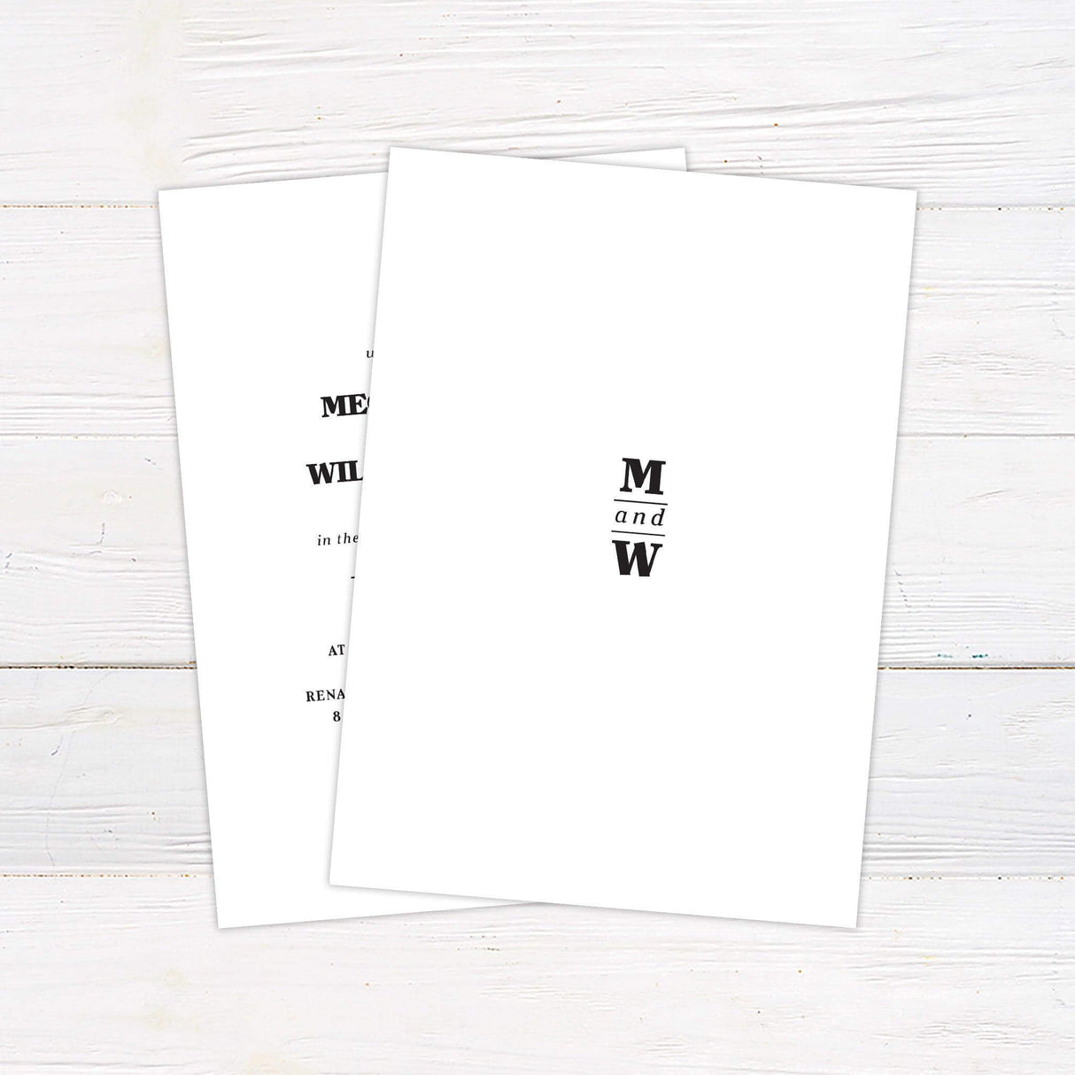 Modern minimalist wedding invitation with bold black typography on a white background, designed for elegant formal ceremonies