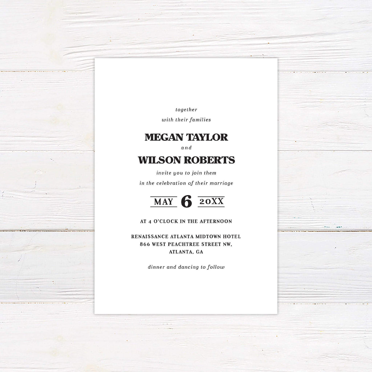 Modern minimalist wedding invitation with bold black typography on a white background, designed for elegant formal ceremonies