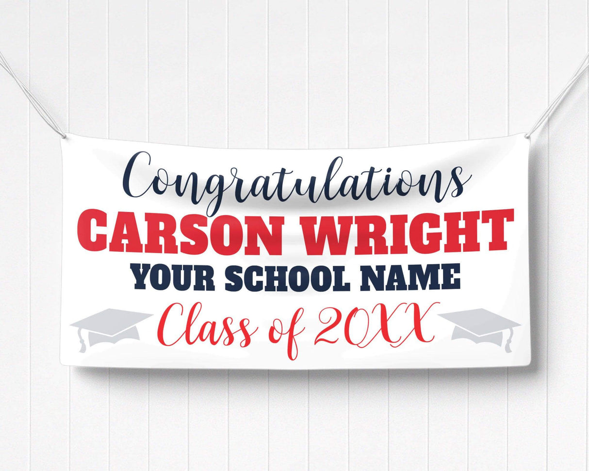 Custom graduation banner featuring bold graduate name, class year 20XX, and mortarboard graphics. Ideal for high school or college graduation celebrations. red and navy