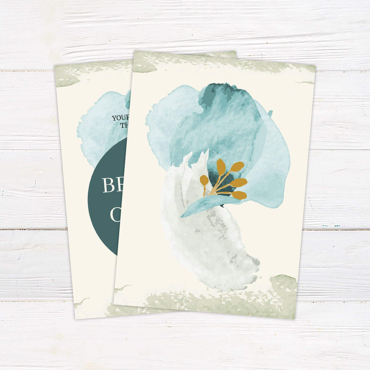 Modern wedding invitation with bold teal circle, abstract watercolor background, and gold botanical illustration, featuring elegant typography - back