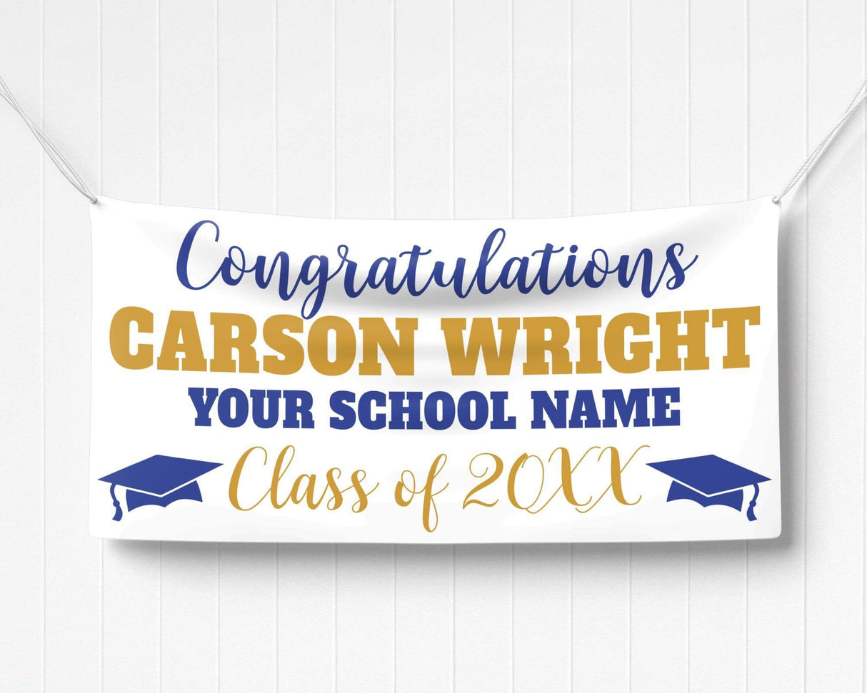 Custom graduation banner featuring bold graduate name, class year 20XX, and mortarboard graphics. Ideal for high school or college graduation celebrations. blue and gold