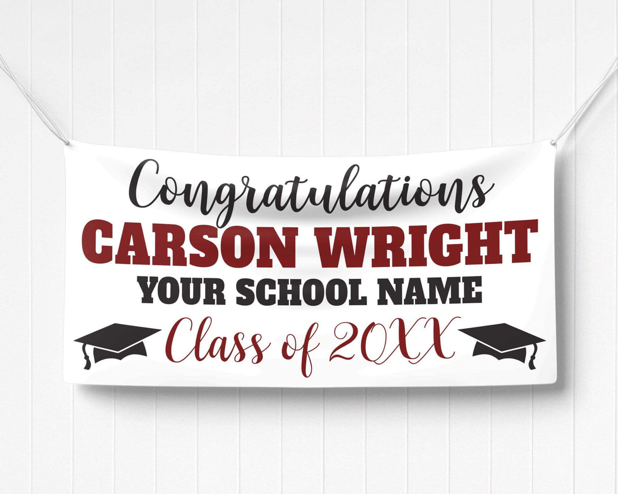 Custom graduation banner featuring bold graduate name, class year 20XX, and mortarboard graphics. Ideal for high school or college graduation celebrations. burgundy and black