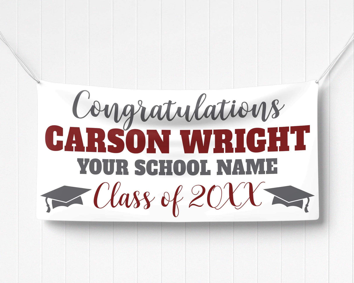 Custom graduation banner featuring bold graduate name, class year 20XX, and mortarboard graphics. Ideal for high school or college graduation celebrations. burgundy and gray