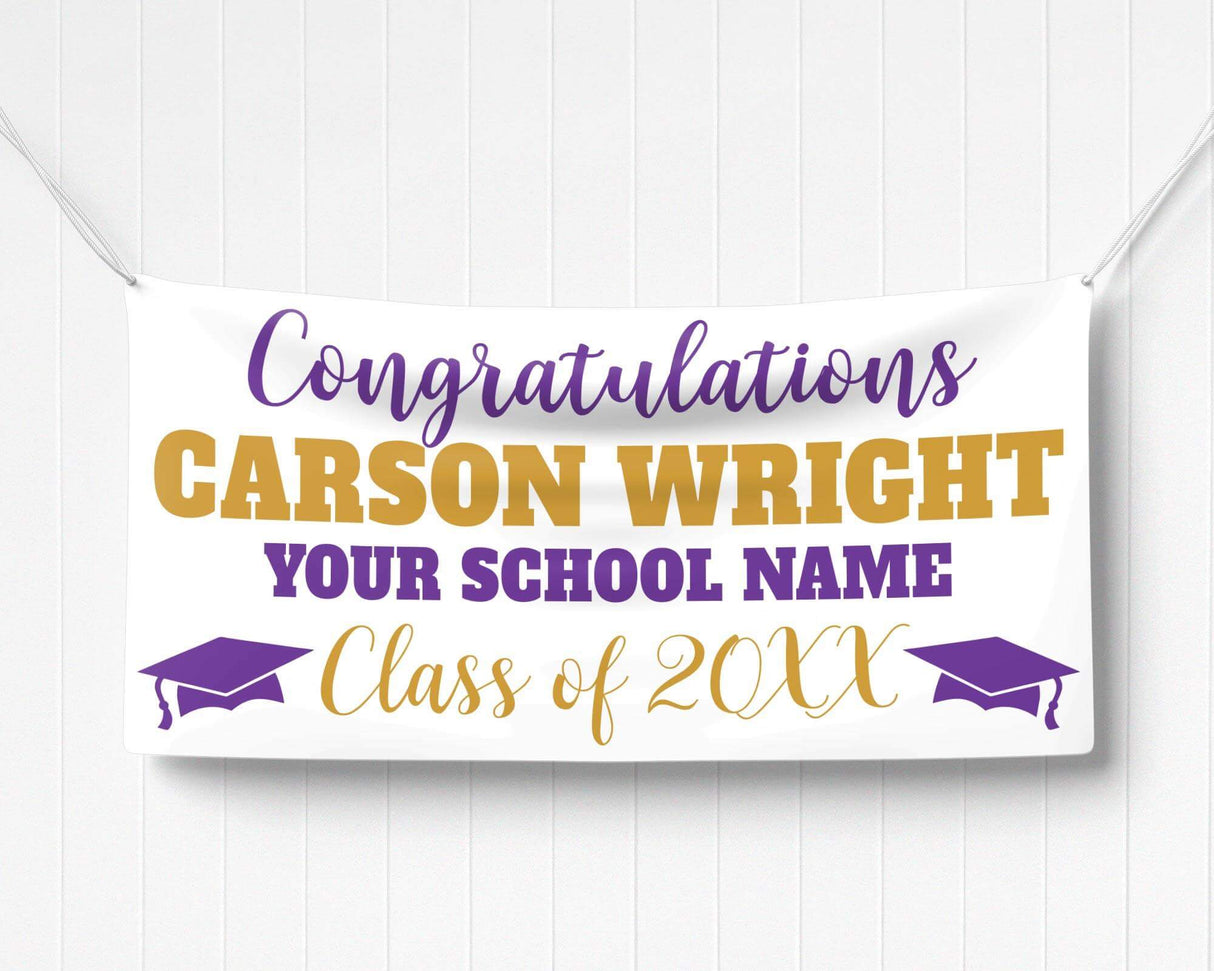 Custom graduation banner featuring bold graduate name, class year 20XX, and mortarboard graphics. Ideal for high school or college graduation celebrations. purple and gold