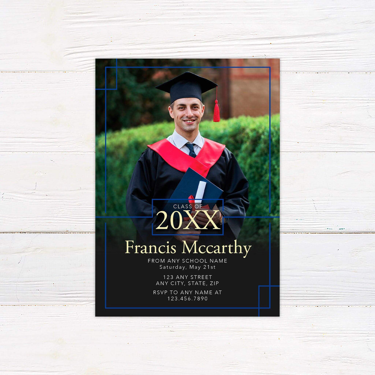Customizable graduation invitation featuring a bold border accent design with a full-photo background. The graduate's name, class year, and event details are elegantly displayed at the bottom. The layout includes a modern frame element for a stylish and sophisticated look. Blue.