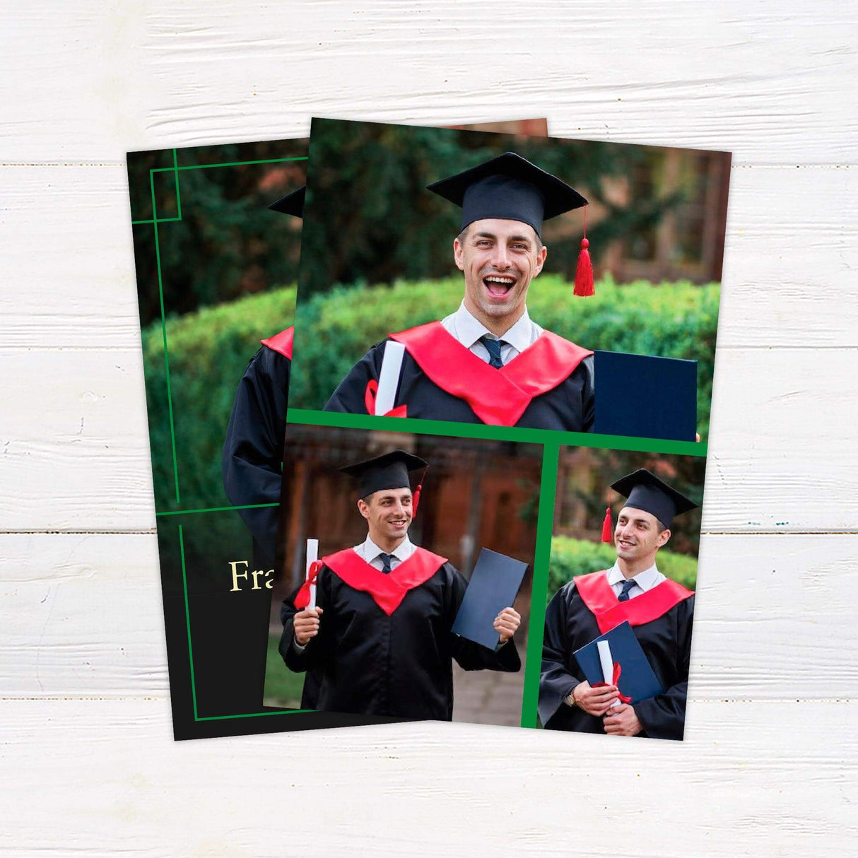 Customizable graduation invitation featuring a bold border accent design with a full-photo background. The graduate's name, class year, and event details are elegantly displayed at the bottom. The layout includes a modern frame element for a stylish and sophisticated look. Back Green.