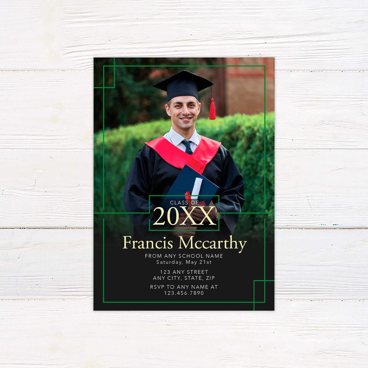 Customizable graduation invitation featuring a bold border accent design with a full-photo background. The graduate's name, class year, and event details are elegantly displayed at the bottom. The layout includes a modern frame element for a stylish and sophisticated look. Green and Gold.