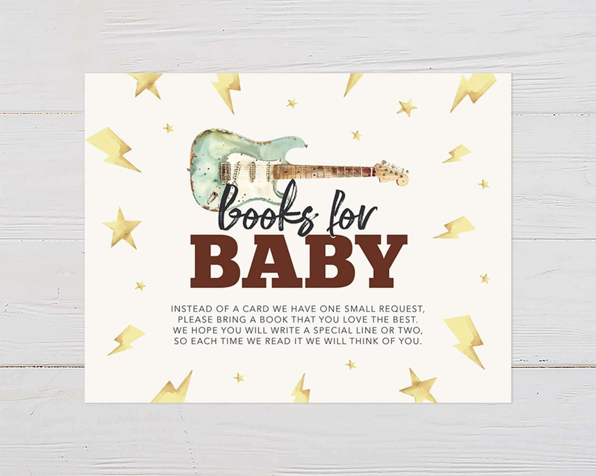 Books for Baby card with electric guitar, lightning bolts, and stars, perfect for a rock n roll themed baby shower, music-loving parents.