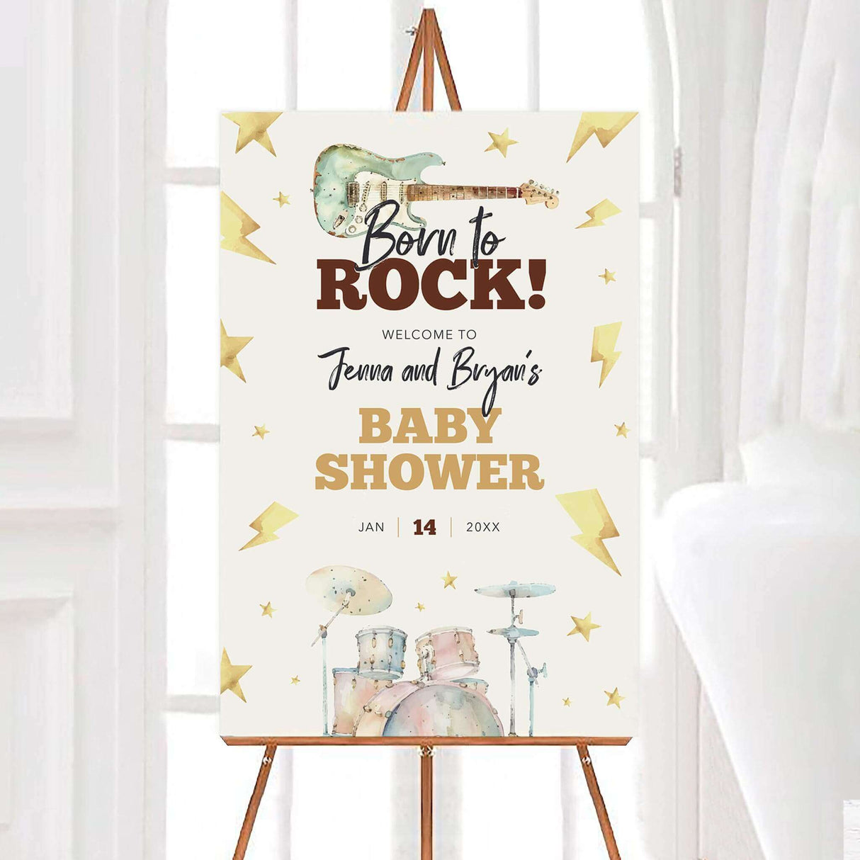 Rock band inspired baby shower invitation with electric guitar, drum kit, and lightning bolts for music-loving parents.