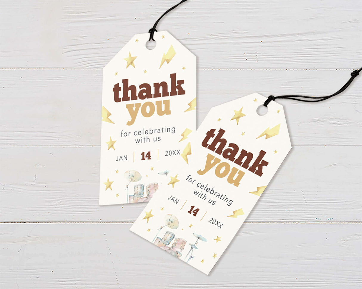 Thank you tags with rock band theme, featuring stars, lightning bolts, drum kit, and celebration date placeholders.