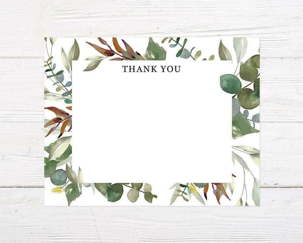 Botanical thank you card featuring a decorative leafy frame, ideal for bridal shower invitations or special events.