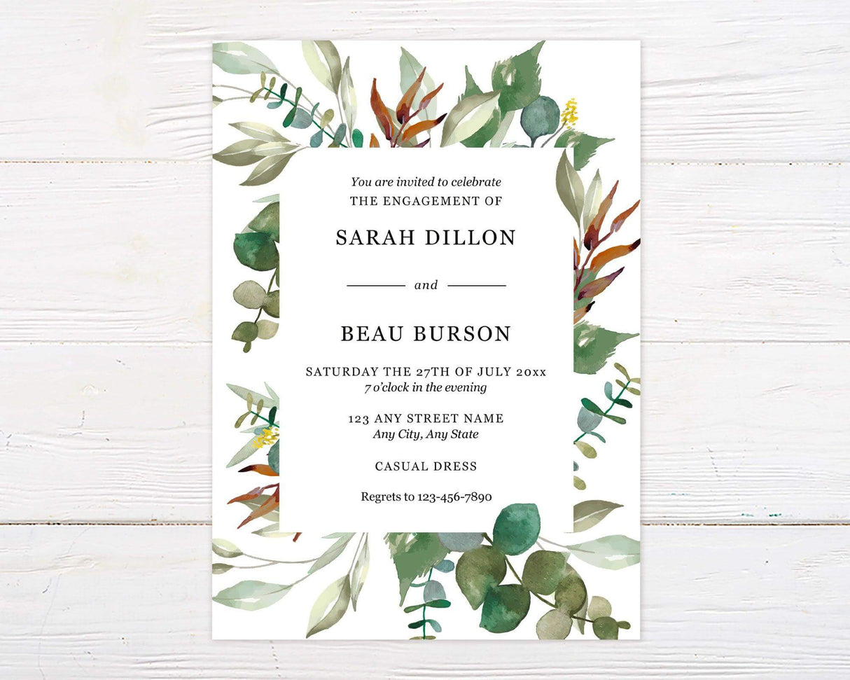 Botanical frame shower invitation with floral accents for bridal events.