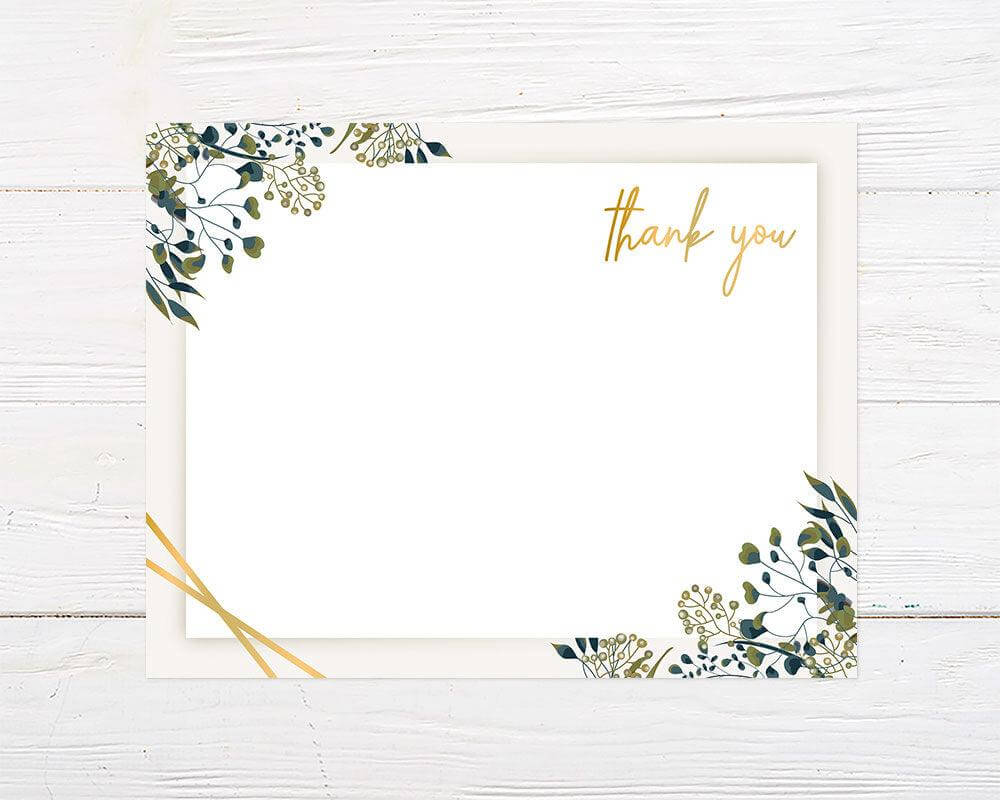 A Botanical Leaves thank you card with gold script and green leaf design. The invitation features modern typography and natural greenery accents.