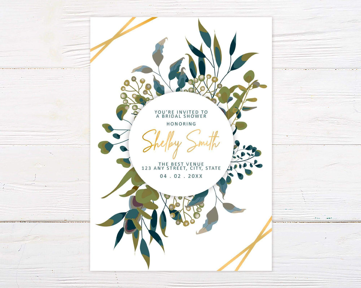 A Botanical Leaves invitation with a circular center and green leaf design. The invitation features modern typography and natural greenery accents.