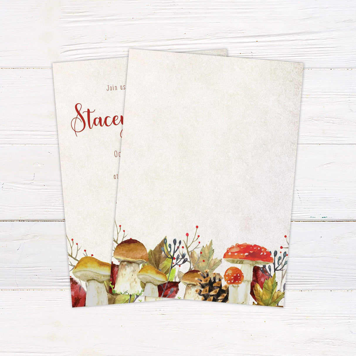 Wedding invitation with watercolor mushrooms, pinecones, and botanical illustrations, perfect for autumn woodland or rustic-themed weddings - back