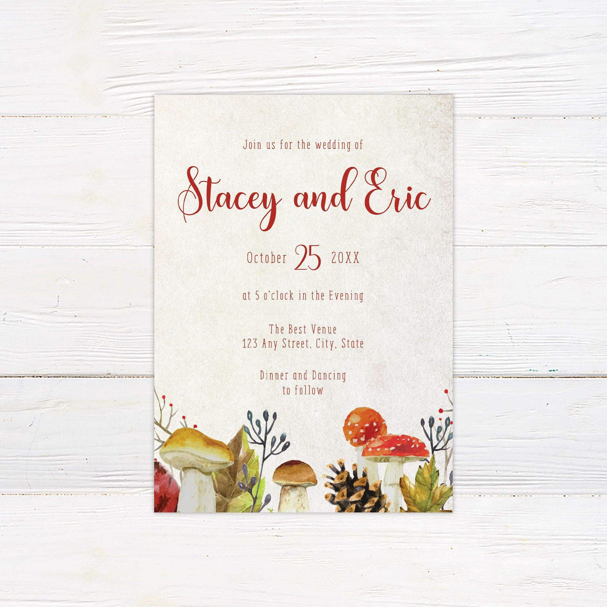 Wedding invitation with watercolor mushrooms, pinecones, and botanical illustrations, perfect for autumn woodland or rustic-themed weddings