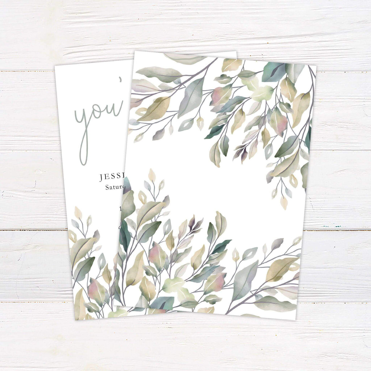 Botanical wedding invitation with elegant foliage illustration and minimalist typography, ideal for nature-inspired or rustic weddings. back