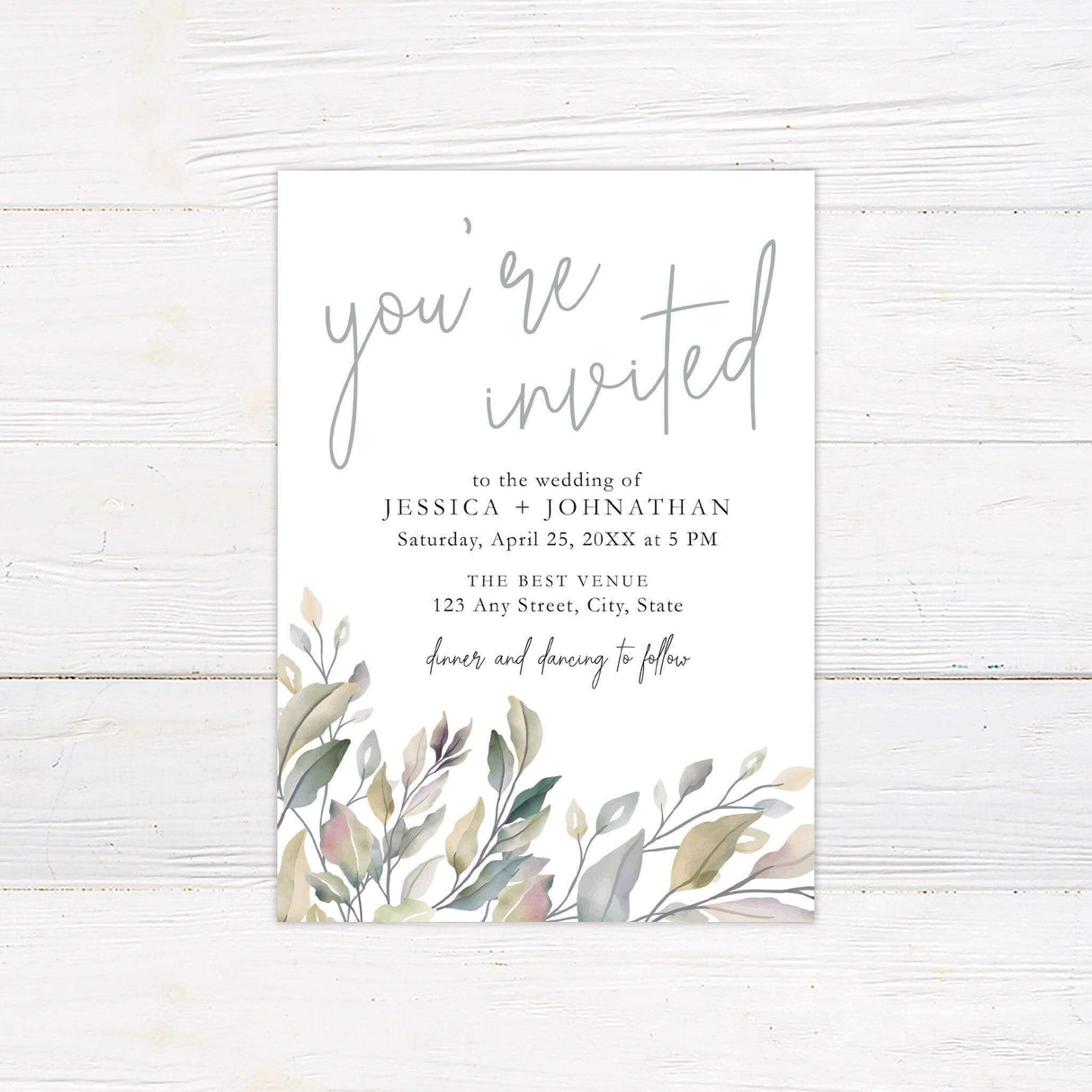 Botanical wedding invitation with elegant foliage illustration and minimalist typography, ideal for nature-inspired or rustic weddings.