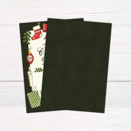 An illustrated holiday dinner invitation decorated with stockings, candles, ornaments, bows, and wrapped gifts. The text invites guests to a dinner with details about the date, time, location, and a request to bring a favorite dish. - back side.