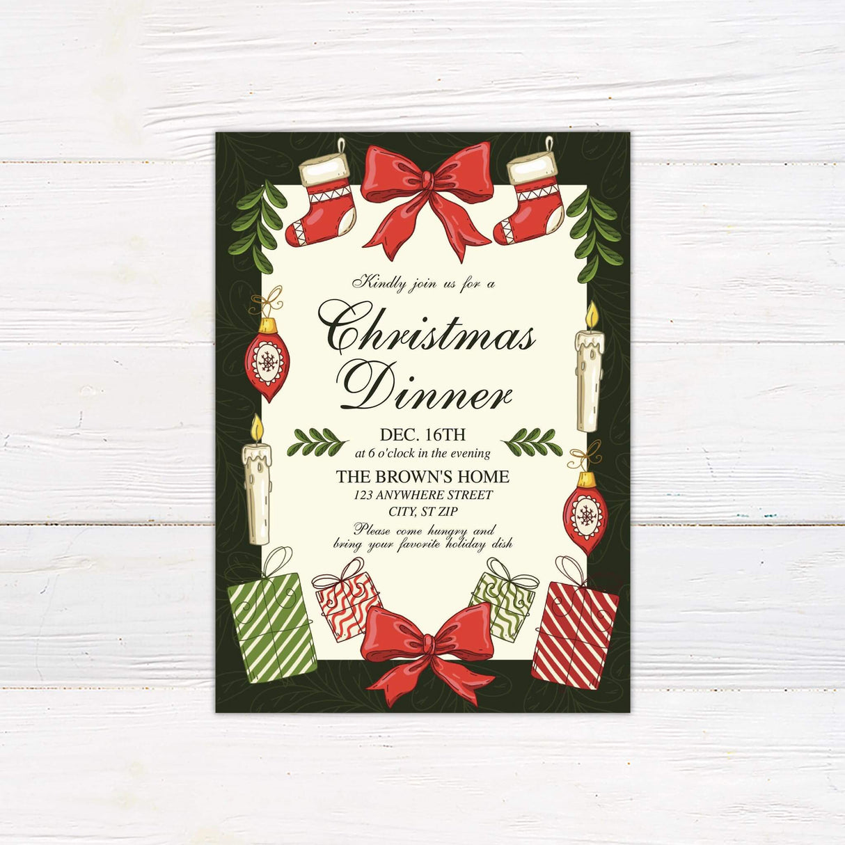 An illustrated holiday dinner invitation decorated with stockings, candles, ornaments, bows, and wrapped gifts. The text invites guests to a dinner with details about the date, time, location, and a request to bring a favorite dish. - back side.