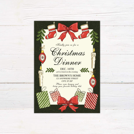 An illustrated holiday dinner invitation decorated with stockings, candles, ornaments, bows, and wrapped gifts. The text invites guests to a dinner with details about the date, time, location, and a request to bring a favorite dish. - back side.