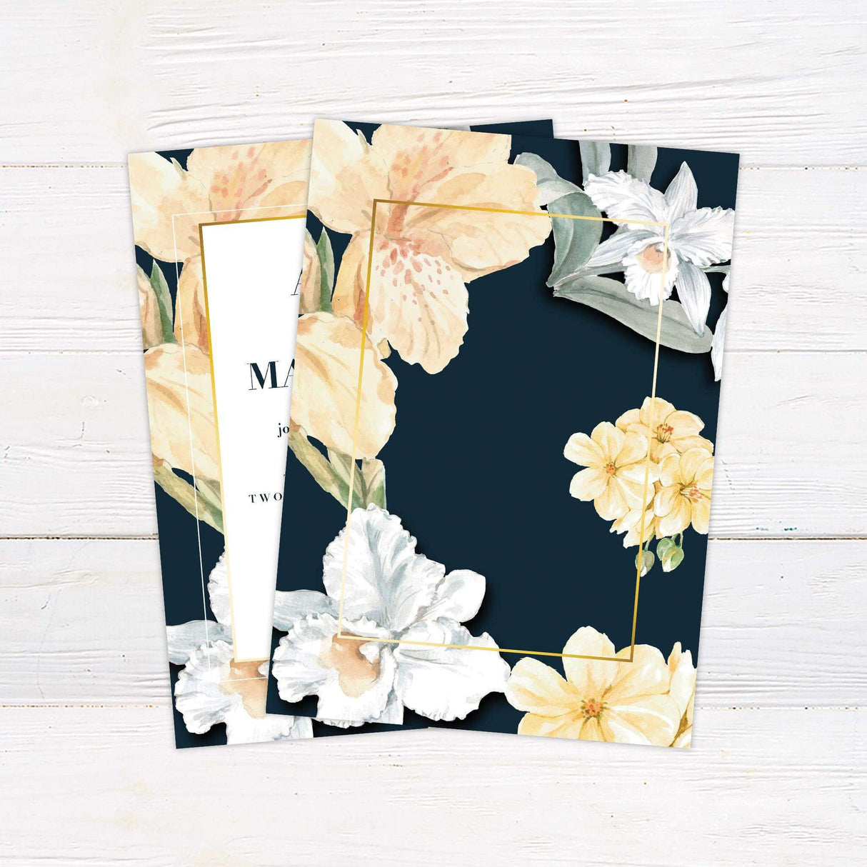 Modern spring wedding invitation with watercolor floral border in yellow and white, framed in gold and featuring bold serif typography. back