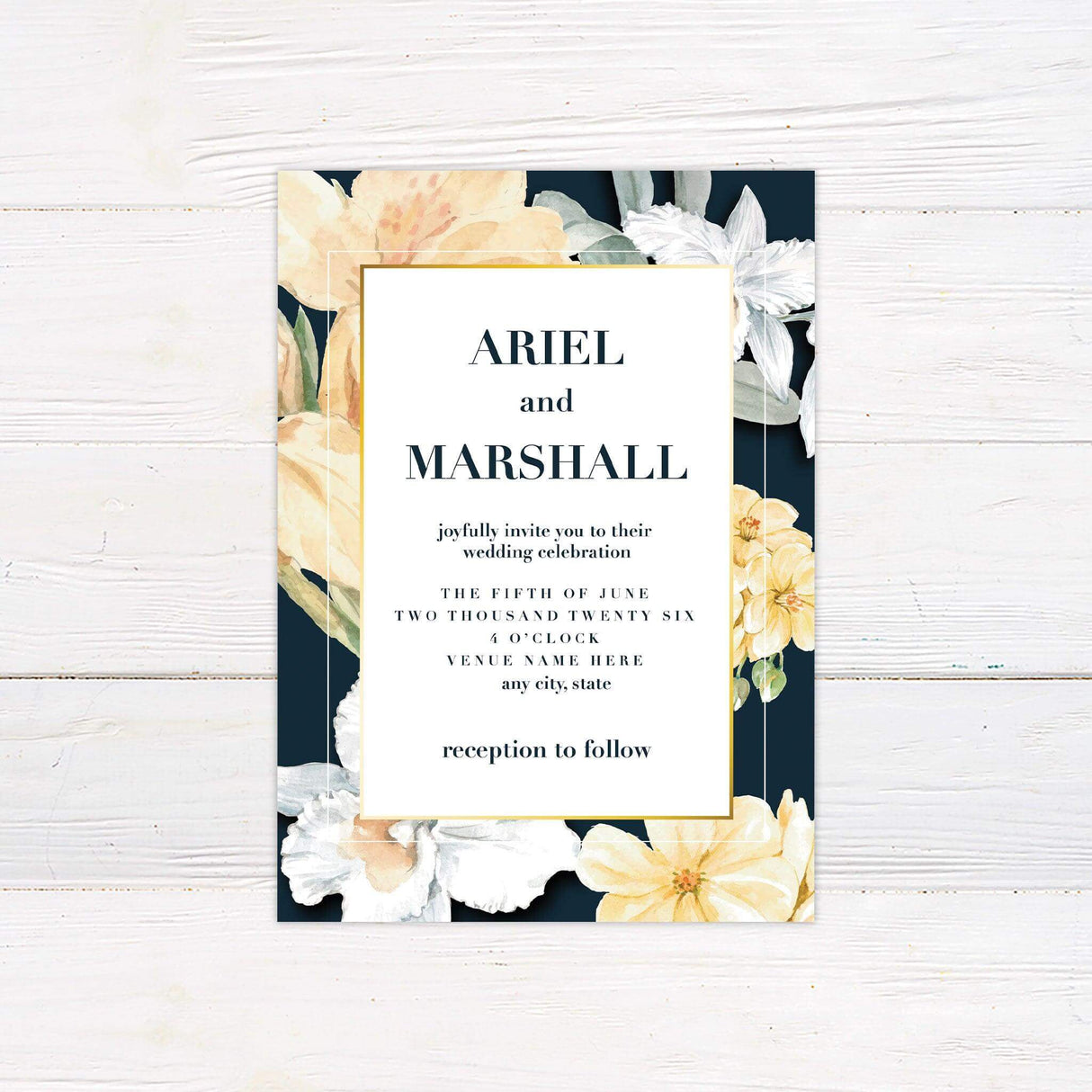 Modern spring wedding invitation with watercolor floral border in yellow and white, framed in gold and featuring bold serif typography.