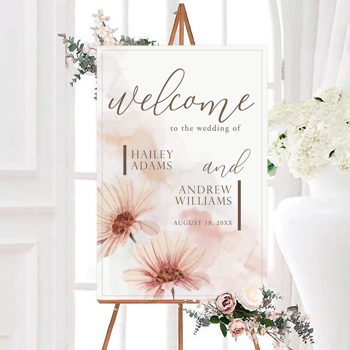 Soft pink daisy floral in the bottom left corner with mixed font wording on the right side.