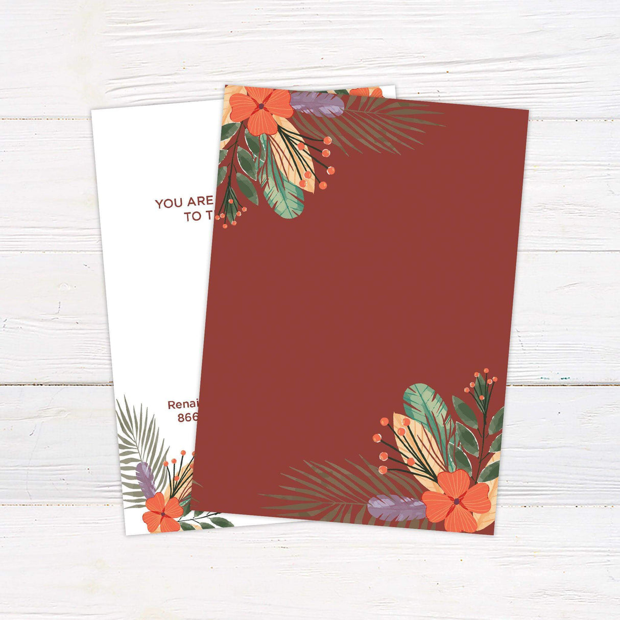 Boho tropical wedding invitation with botanical and floral illustrations, perfect for destination weddings or vibrant outdoor celebrations. back