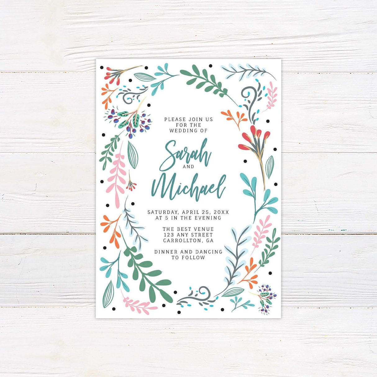 Bright botanical wedding invitation with whimsical floral illustrations and playful design, perfect for colorful spring or garden weddings.