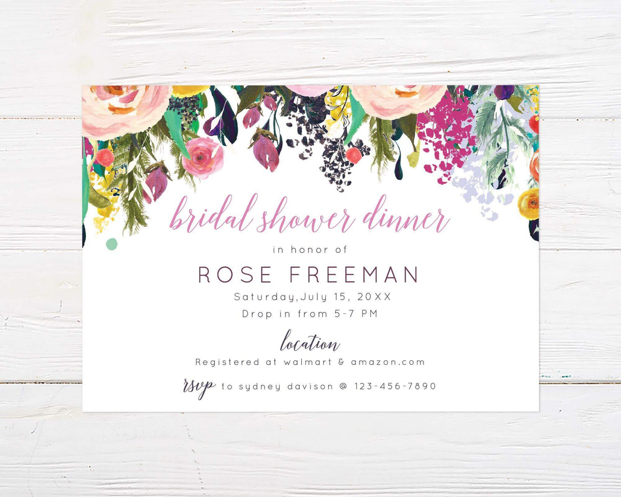 A bright floral bridal shower dinner invitation with colorful painted flowers at the top. The design features soft script text on a white background.