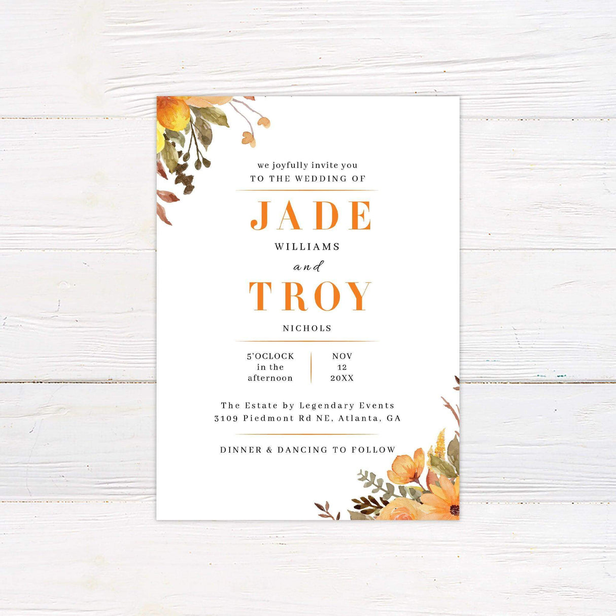Elegant floral wedding invitation with hand-painted botanical accents and classic typography, ideal for traditional or garden weddings.