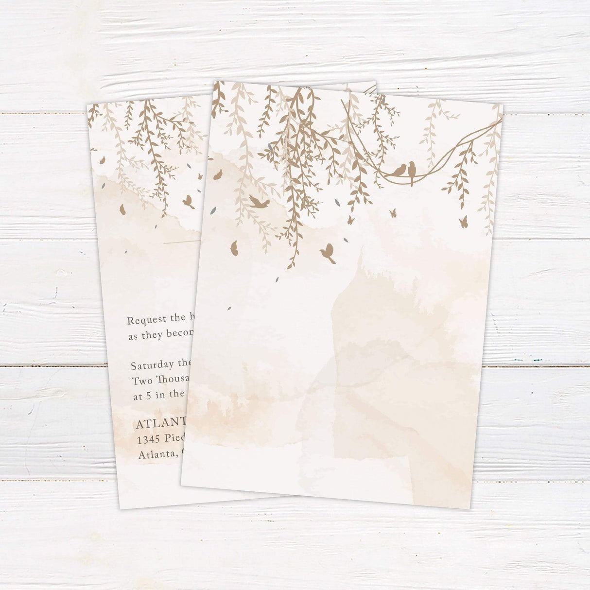 Botanical wedding invitation with hanging branches, birds, and elegant script, ideal for garden, woodland, or outdoor nature-themed weddings. - back