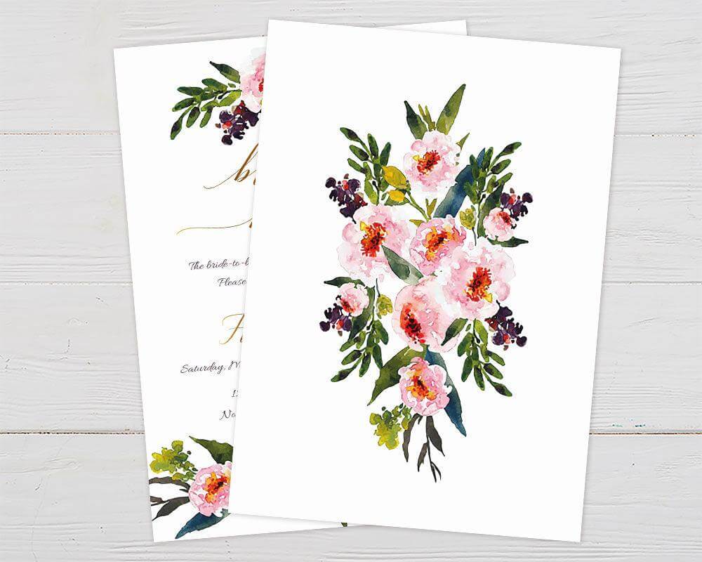 Elegant bridal brunch invitation with watercolor floral design and gold script text. Features event details, including date, time, and location. Back.