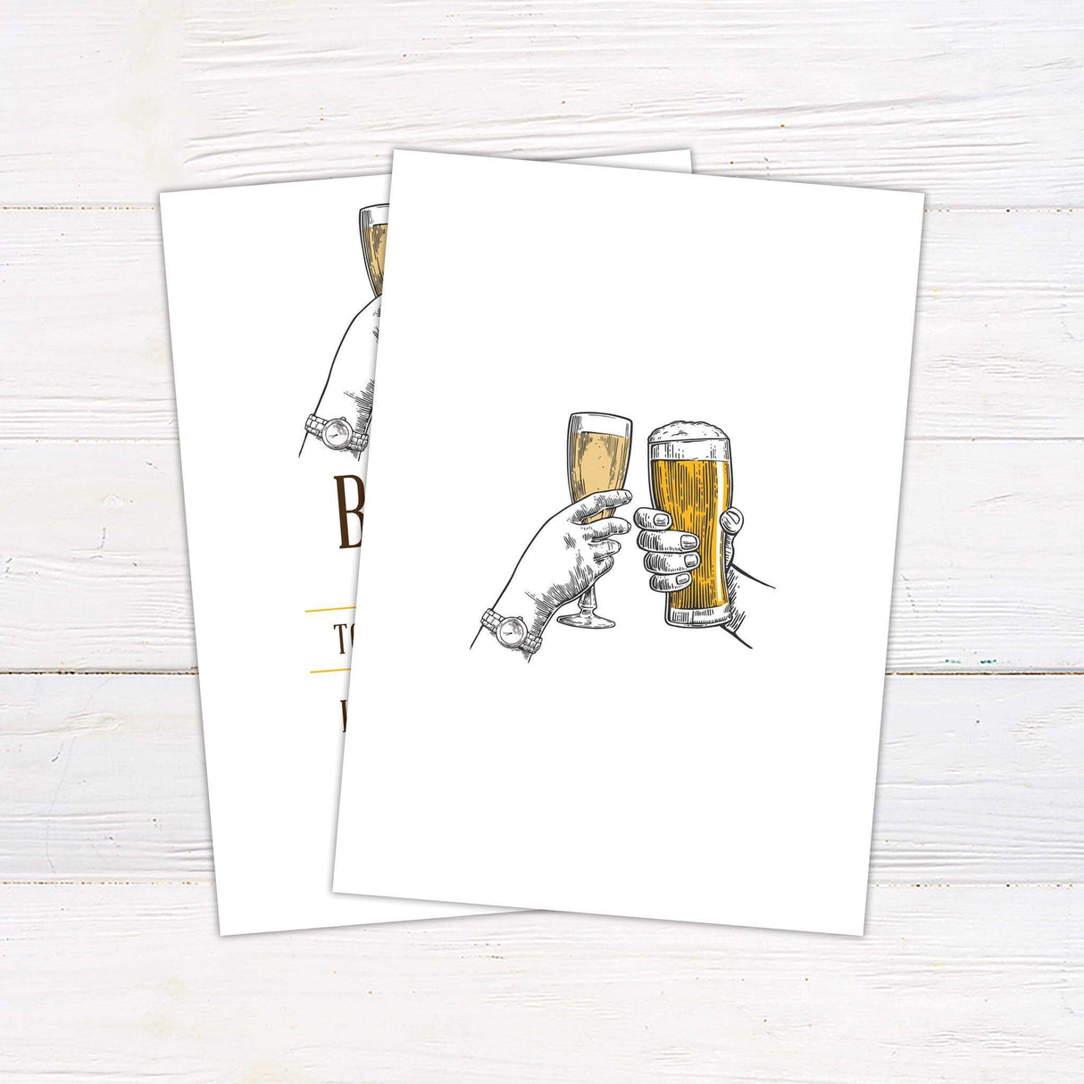Printed engagement party invitation featuring vintage-style line art of clinking champagne and beer glasses. Text reads “Bubbles and Brews” with details for a celebration honoring Krista and Matt. Back
