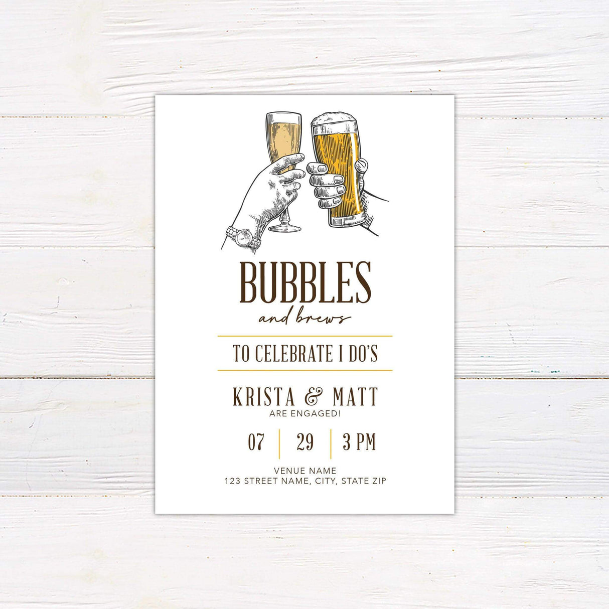 Printed engagement party invitation featuring vintage-style line art of clinking champagne and beer glasses. Text reads “Bubbles and Brews” with details for a celebration honoring Krista and Matt.