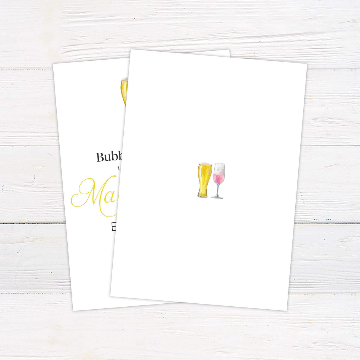 Bubbles and Brews Engagement Invitation with champagne and beer illustration on white background, perfect for party events.