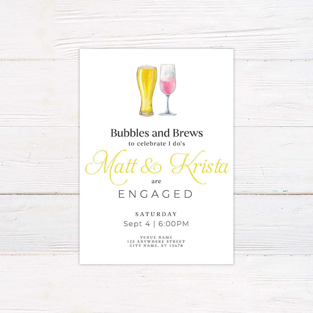 Bubbles and Brews engagement invitation with beer and wine glass illustration, customizable for events.