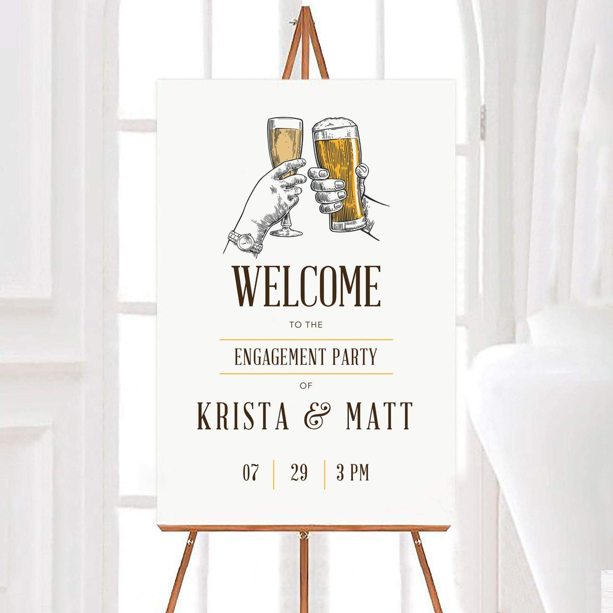 Engagement party welcome sign with champagne and beer glasses illustration perfect for casual wedding celebrations.