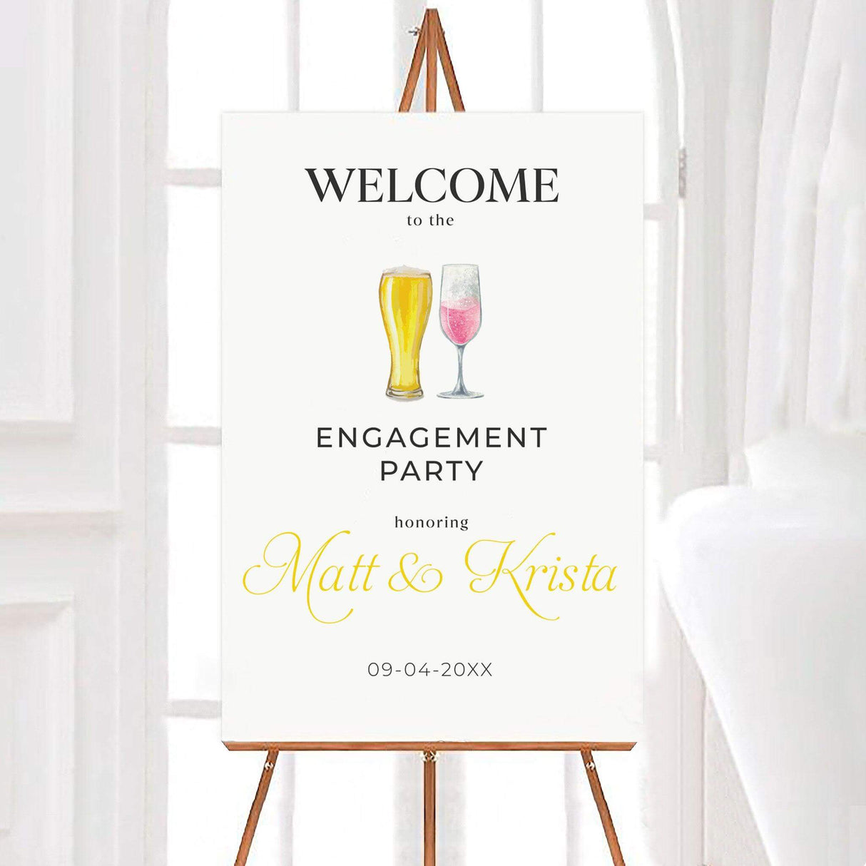 Engagement party welcome sign with beer and wine glasses for Matt & Krista's celebration, elegant design on easel.