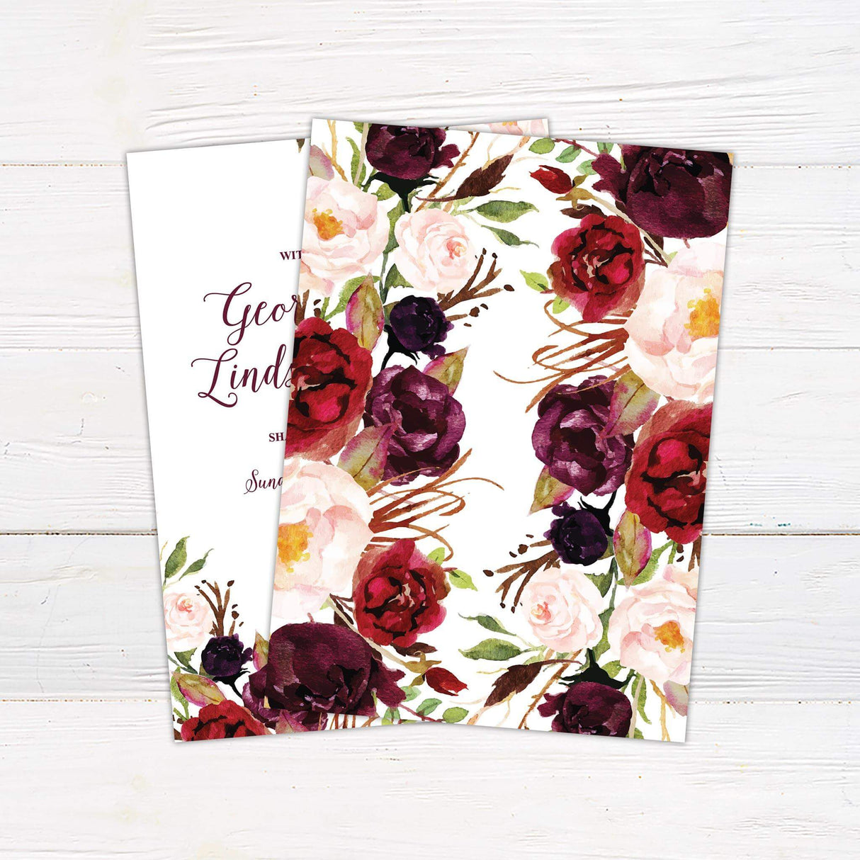 Burgundy floral wedding invitation with watercolor flowers and elegant script, perfect for fall, vineyard, or romantic weddings. - back
