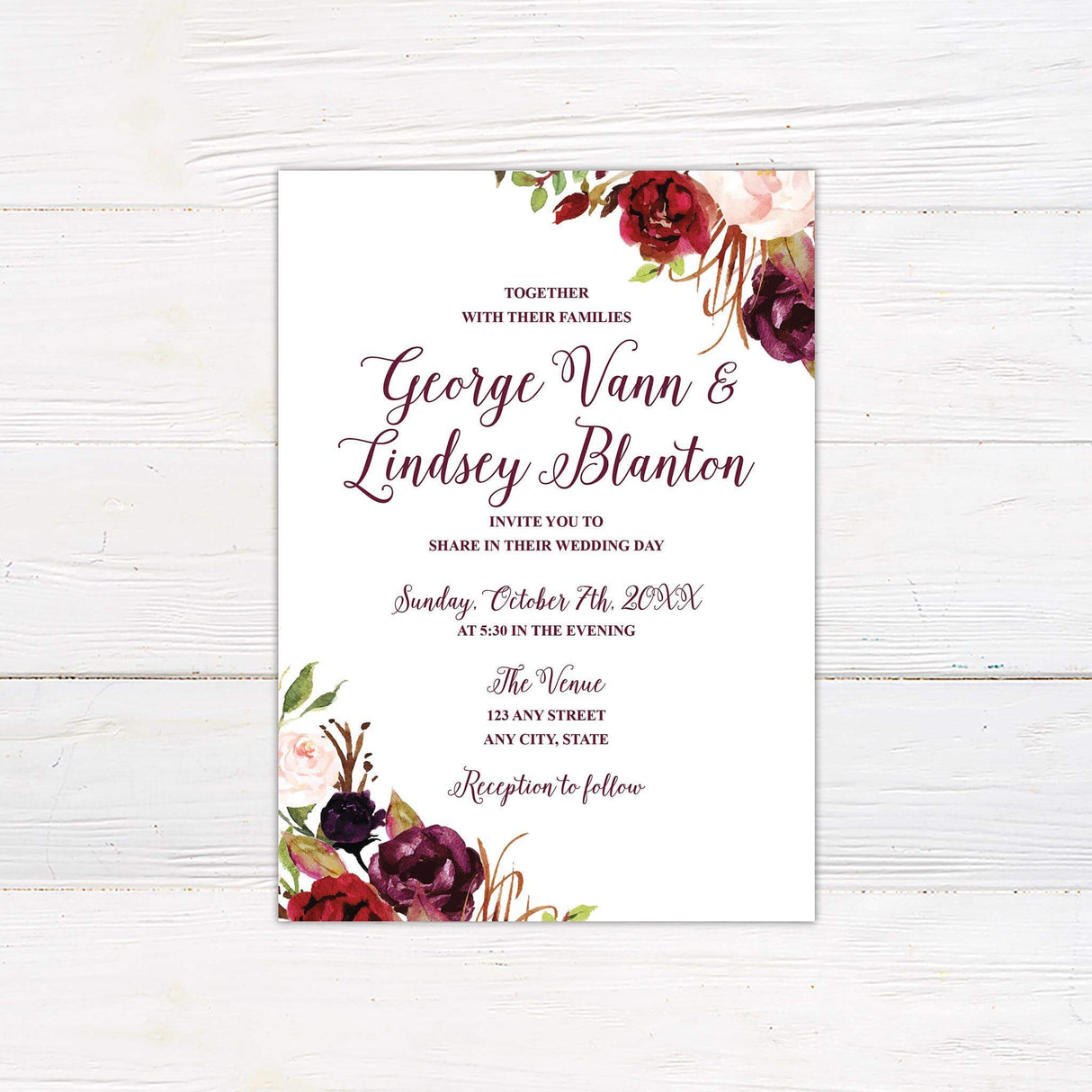 Burgundy floral wedding invitation with watercolor flowers and elegant script, perfect for fall, vineyard, or romantic weddings.