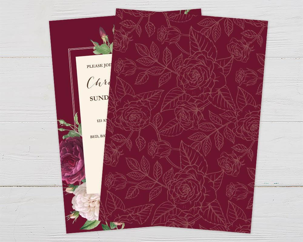 A burgundy rose floral bridal shower invitation with roses and elegant script text. The design features deep red and blush flowers on a dark background. - back.