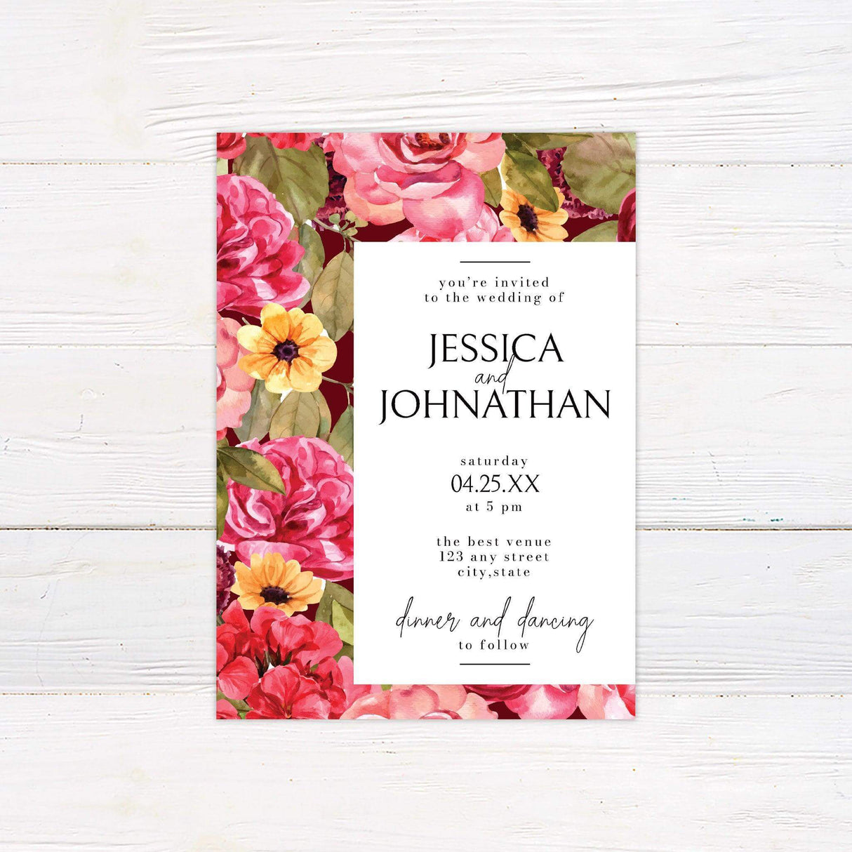 Modern floral wedding invitation with vibrant hand-painted flower border and elegant text layout, ideal for spring or garden weddings.